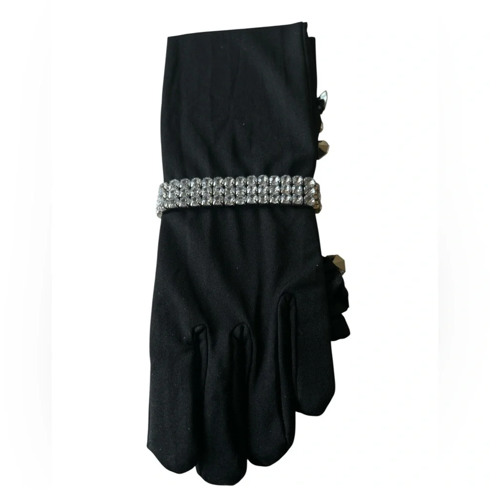 Elegant Long Black Satin Gloves w/Rhinestones stretchy Rhinestone Bracelet Prom
